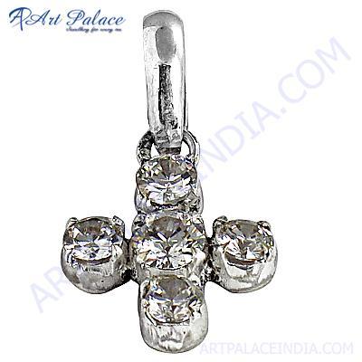 Charming Cross Cubic Zirconia Silver Gemstone Pendant, 