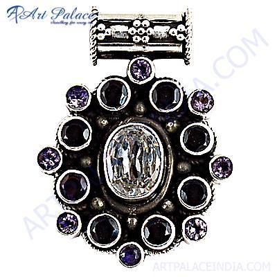 Lastest Luxury Amethyst & Cubic Zirconia & Garnet Gemstone Silver Pendant 