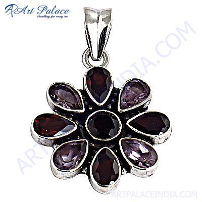 Stylish Flower Amethyst & Garnet & Smokey Quartz Gemstone Silver Pendant