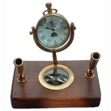 Wooden Base Pen Holder With Compass Table Clock
