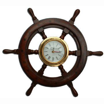 Brass & Wood Ship Wheel Marine Clock