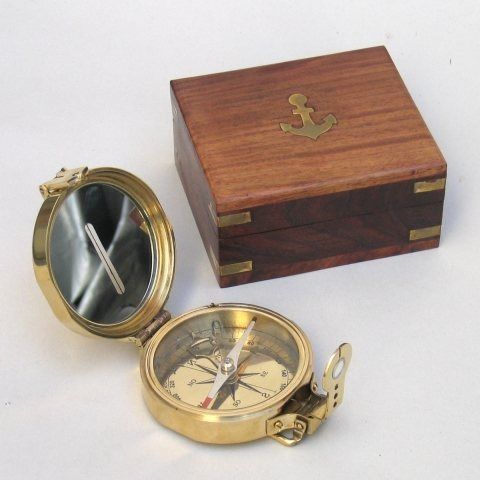 Nautical Brass Clinometer Compass With Wooden Box