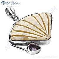 New Fashionable Amethyst & Bone Gemstone Silver Pendant - 925 Sterling Silver, 40x42mm, Pear & Trillian Shape