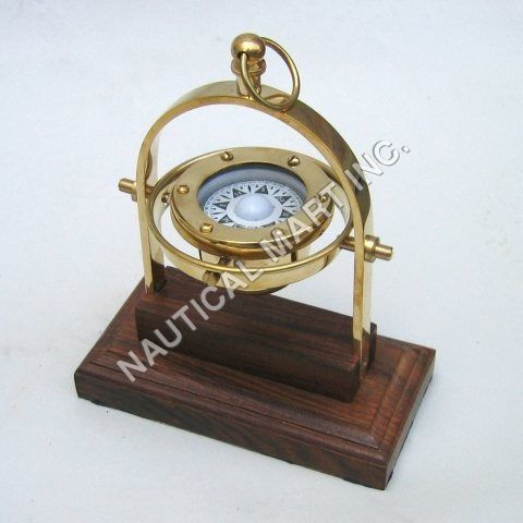 Nautical Solid Brass Gimball Compass On Wooden Bas