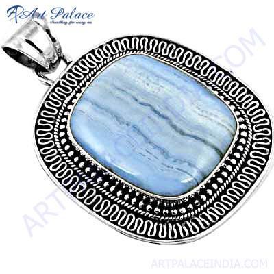 Victorian Blue Lace Agate Gemstone Silver Pendant