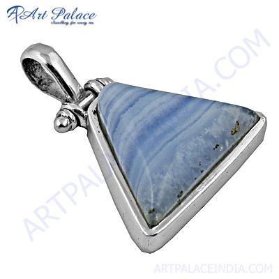 Elegant Blue Lace Agate Gemstone Silver Pendant