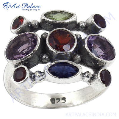 Latest Fashionable Multi Stone  Silver Gemstone Ring
