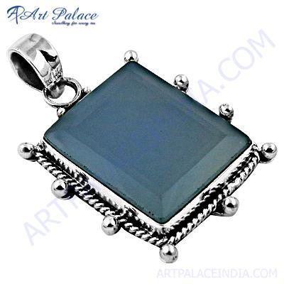 Traditional Blue Chalcedony Gemstone Silver Pendant