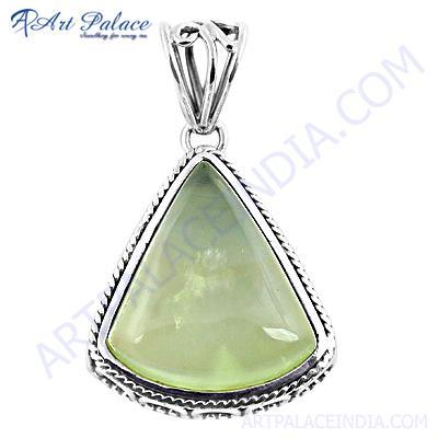 Celeb Style Prenite Gemstone Silver Pendant