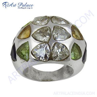Simple Citrine & Cubic Zirconia & Iolite & Peridot Gemstone Silver Ring