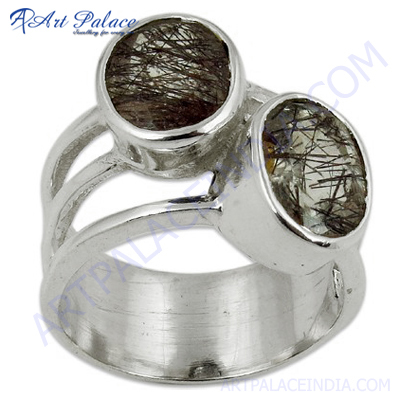 Impressive Black Rutilated Quartz Silver Gemstone Ring