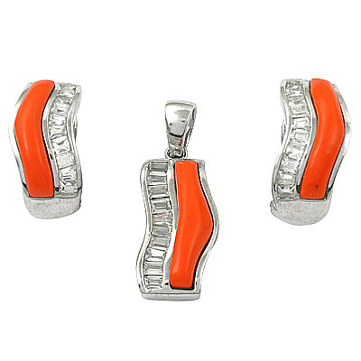 New Fashion Coral & Cubic Zirconia Gemstone Silver Earings & Pendant Set