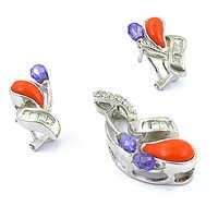 Special Design Amethyst & Coral Gemstone Silver Earing & Pendant Set