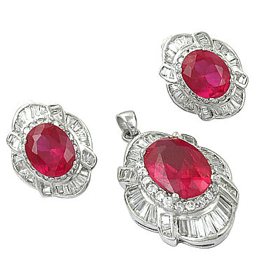 Party Wear Designer Cubic Zirconia & Pink Glass Silver Gemstone Earings & Pendant Set