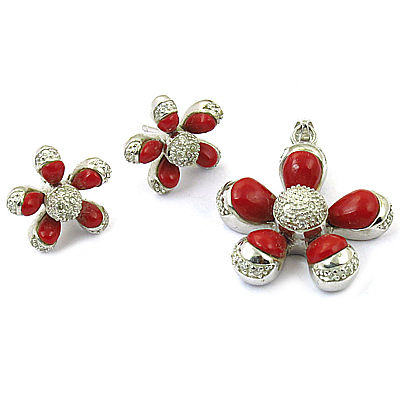 Flower Coral Silver Gemstone Earings & Pendant Set