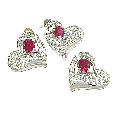 Lovely Heart Cubic Zirconia & Pink  Cubic Zirconia Gemstone silver Earings & Pendant  