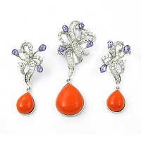 Valuable Cubic Zirconia & Synthetic Coral Earings & Pendant Set