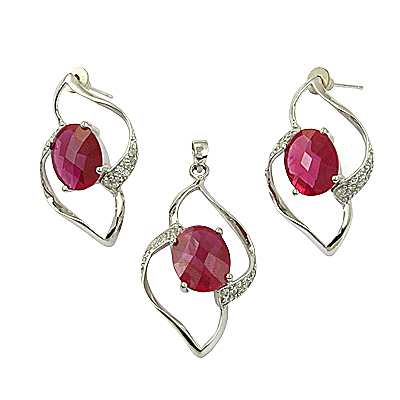 Unique Cubic Zirconia & Pink Cubic Zirconia Silver Gemstone Earings & Pendant Set
