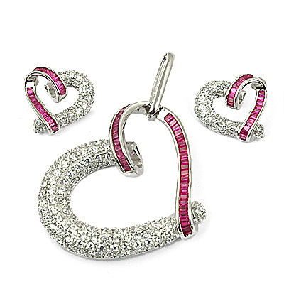 Cute Heart Pink Cubic Zirconia Silver Gemstone  Earings & Pendant Set