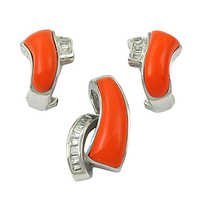 Cubic Zirconia & Synthetic Coral Earings & Pendant Set - 925 Sterling Silver, 20x25 Mm | Women's Party Solitaire Jewelry