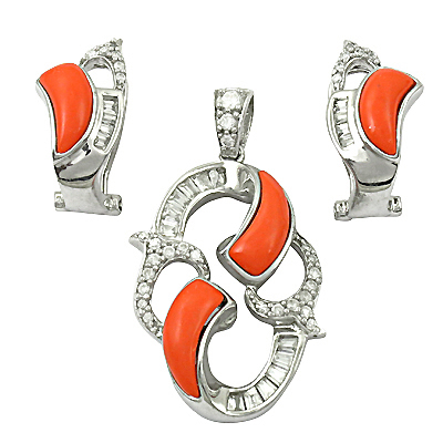 Most Fashionable Cubic Zirconia & Synthetic Coral Silver Gemstone Earings & Pendant Set 