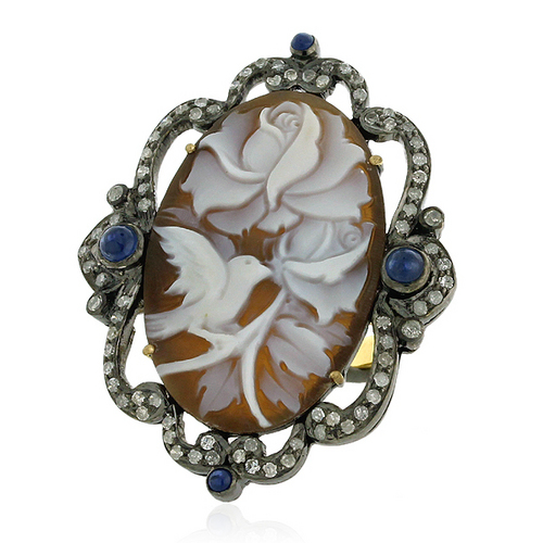 Cameo Ring Jewelry - 18kt Gold & 925 Sterling Silver, Pave Diamond 1.170 cts, Blue Sapphire 12.2 cts, Handcrafted Intricate Design