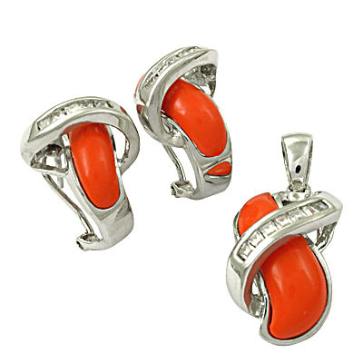 Party Wear Cubic Zirconia & Synthetic Coral Silver Gemstone Earings & Pendant Set