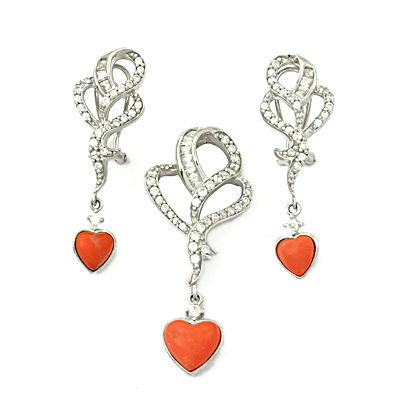 Hot Cubic Zirconia & Synthetic Coral Silver Gemstone Earings & Pendant Set 