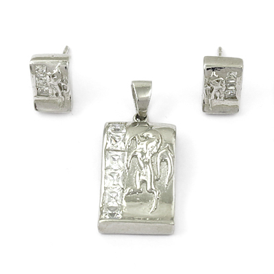 Simple Cubic Zirconia Silver Gemstone Earings & Pendant Set