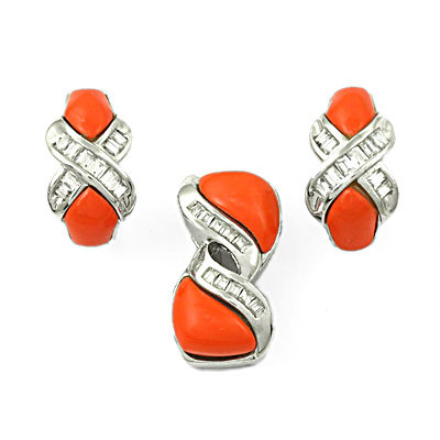 Hot Cubic Zirconia & Synthetic Coral Silver Gemstone Earings & Pendant Set