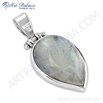 Big Gemstone Rainbow Moonstone Silver Pendant