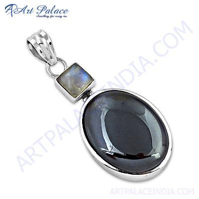 Charming Gun Metal & Rainbow Moonstone Gemstone Silver Pendant