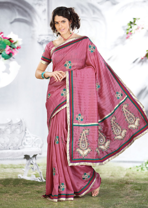 Exclusive Sarees - Silk Blend, 5.5 Meters, Salmon Pink | Floral Embroidery, Elegant Design, Comfortable Fit