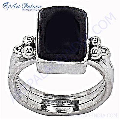 Hot Luxury Big Black Onyx Silver Gemstone Ring