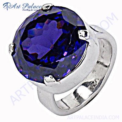 sparkling Blue Cubic Zirconia Silver Gemstone Ring