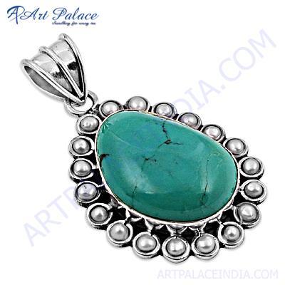 Royal Pearl & Turquoise Gemstone Silver Pendant