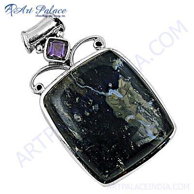 Amethyst & Large Black Dinosaur Bone Gemstone Silver Pendant