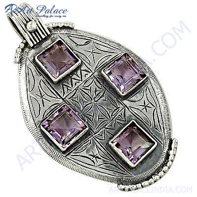 Traditional Pure Style Amethyst Gemstone Silver Pendant