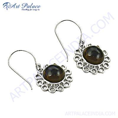 Flower Style Smokey Quartz Silver Gemstone Earrings