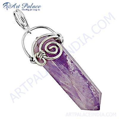 Stylish Pencil Amethyst Gemstone Silver Pendant