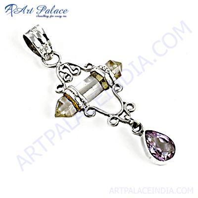 Delicate Amethyst & Crystal Gemstone Silver Pendant