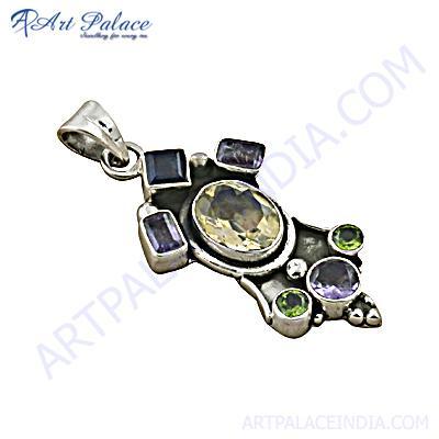 Celeb Style Multi Gemstone Silver Pendant