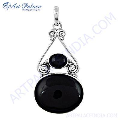 Deep Dark Black Onyx Gemstone Silver Pendant