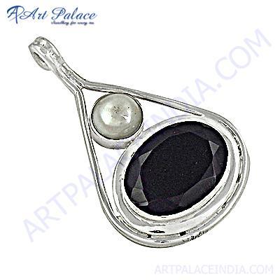 Exclusive Black Onyx & Pearl Gemstone Silver Pendant