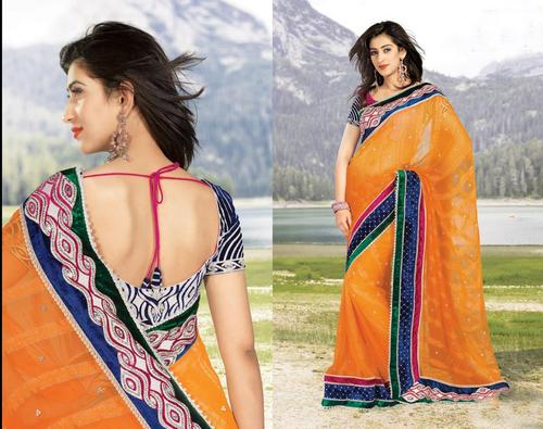 Designr Sarees - Silk, Free Size, Orange, 5.5m | Embroidered, Elegant, Comfortable Fit, Feminine Style, Party Wear