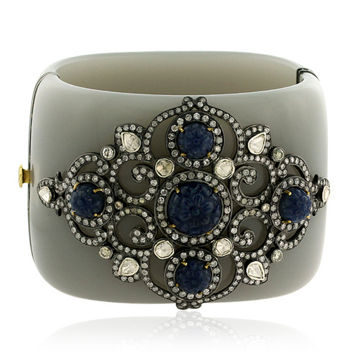 Pave Diamond Bakelite Bangle - 18kt Gold Sterling Silver 57x53mm, Blue Sapphire, 6.21ct Diamonds, Handcrafted Luxury Jewelry