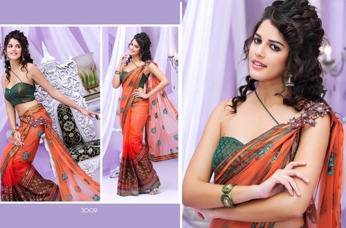 Party Wear Designer Sarees - 5.5 Meter Silk Orange with Blouse Piece, Embroidered, Comfortable Perfect Fit