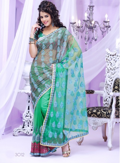 Heavy Embroidered Sarees - Net Silk, 5.5 Yards, Green | Elegant Embroidery, Luxurious Fabric, Vibrant Colors, Perfect Fit