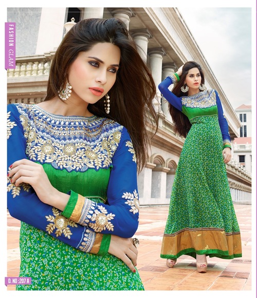 Designer Party Wear Suits - Polyester Green Anarkali, Floor-Length | Floral Embroidery, Stylish Design, Comfortable Fit