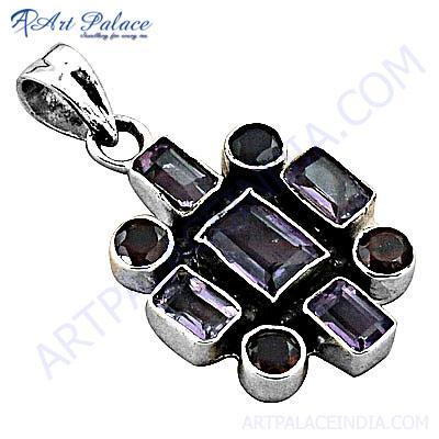 Gracious Fashion Amethyst & Garnet Gemstone Silver Pendant